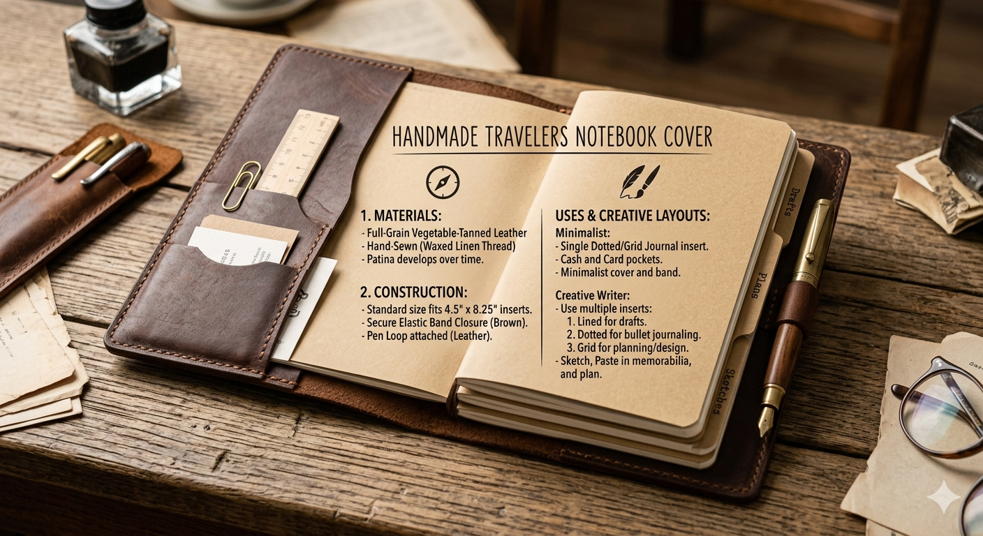 Handmade Travelers Notebook Cover for Minimalist and Creative Writers